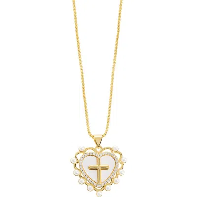 Athra Luxe Simulated Pearl Heart & Cross Pendant Necklace In Gold