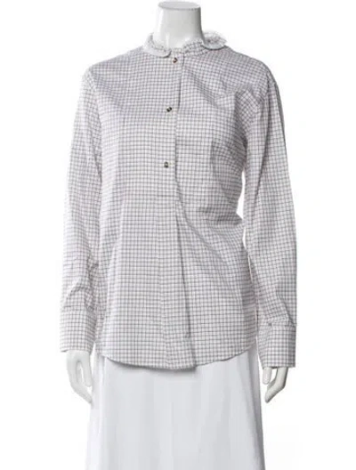Pre-owned Atlantique Ascoli Plaid Print Long Sleeve Blouse In White