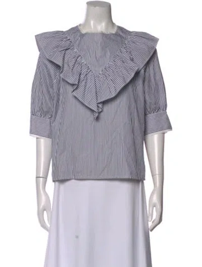Pre-owned Atlantique Ascoli Striped Three-quarter Sleeve Blouse In Blue