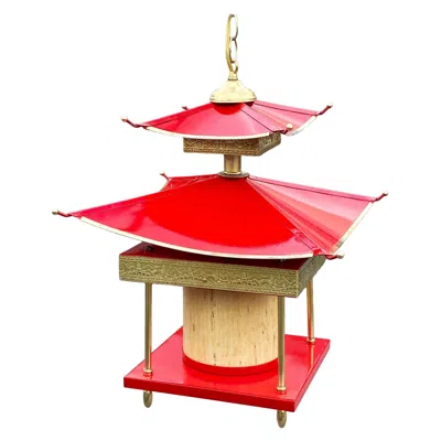 Pre-owned Atlas Mid-century Pagoda Enameled Red Metal & Gold-tone Tole Chinoiserie Chandelier
