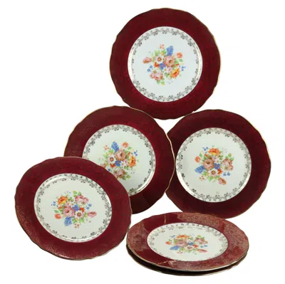 Pre-owned Atlas Six  Burgundy & Gilt Rim China Dinner Plates With Floral Well In Red