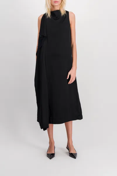 Atlein Crêpe Satin Midi Dress With Front Pleat In Black