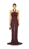 Atlein Halter Neck Ruched Gown In Burgundy