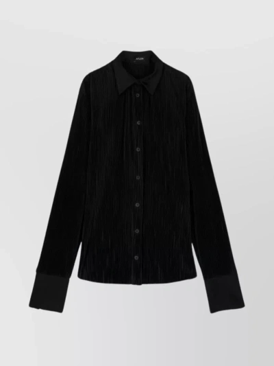 Atlein Plissé Button-up Shirt With Curved Hem In Black