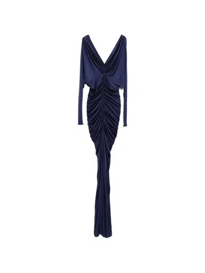 Atlein V-neck Ruched Gown In Blue