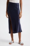 Atm Anthony Thomas Melillo Silk Charmeuse Bias Slit Midi Skirt In Ink
