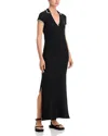 Atm Anthony Thomas Melillo Modal Rib Short Sleeve Split Neck Dress In Black