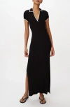 Atm Anthony Thomas Melillo Modal Rib Short Sleeve Split Neck Dress In Black