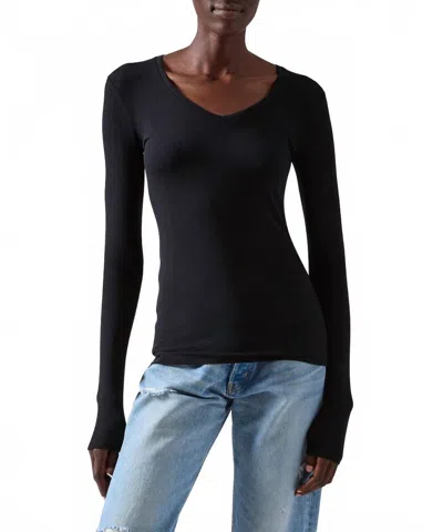 Atm Anthony Thomas Melillo Rib Long Sleeve V Neck Tee Top In Black