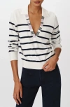 Atm Anthony Thomas Melillo Cotton Silk Blend Striped Split Collar Sweater In White/midnight