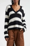 Atm Anthony Thomas Melillo Striped Cashmere Mesh Knit Hoodie In Black Salt Grey In Black / Chalk