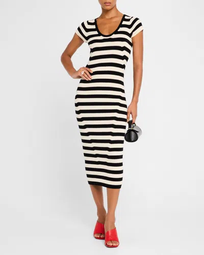 Atm Anthony Thomas Melillo Wool Blend Striped Cap Sleeve Dress In Black-chalk