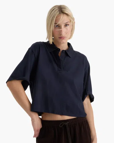 Atm Anthony Thomas Melillo Women's Heavyweight Jersey Mixed Media Short Sleeve Polo Top Cotton In Blue