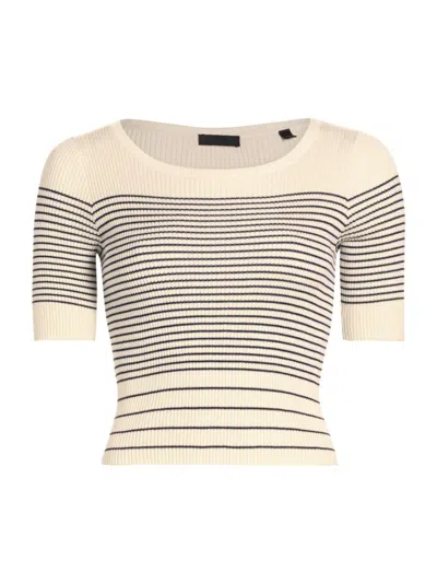 Atm Anthony Thomas Melillo Silk And Cotton Mixed Stripe Short-sleeve Crew Sweater In Chalk Ink