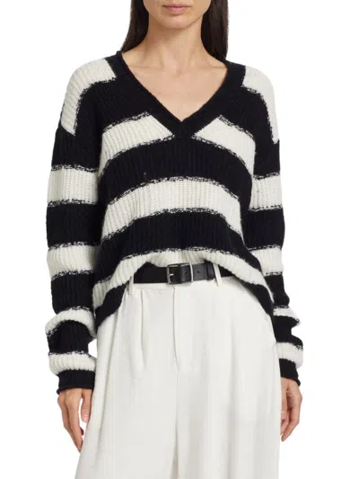 Atm Anthony Thomas Melillo Women's Wool Blend Stripe V-neck Sweater In Black