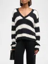 Atm Anthony Thomas Melillo Wool Blend Stripe V-neck Sweater In Black/chalk In Multi