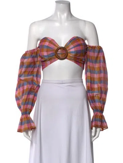 Pre-owned Atoir Plaid Print Off-the-shoulder Crop Top In Multicolor