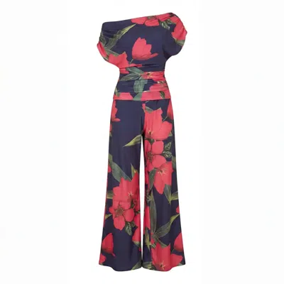 Atom Label Women's Blue Carbon Jumpsuit In Fuchsia Lily Print