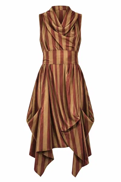 Atom Label Women's Brown Wrap Ruched Dress In Bronze Gold Stripe