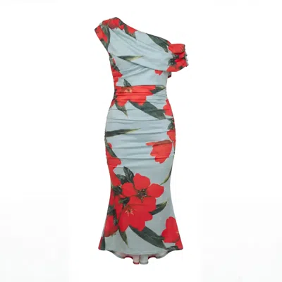 Atom Label Women's Green Mercury Midi Dress In Sage Poppy Print In Blue