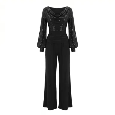 Atom Label Women's Indium Jumpsuit With Bell Sleeve In Black Sequin & Black