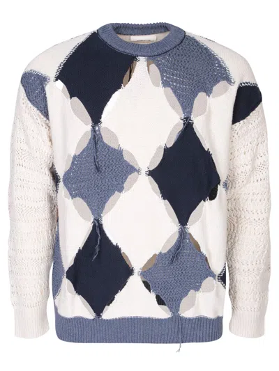 Atomo Factory Blue Cream Cut Out Sweater With Rhombuses In White