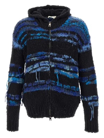 Atomo Factory Frayed Knit Hooded Jacket In Blue