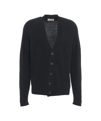 Atomo Factory Virgin Wool Black Cardigan With V-neck And Ribbed Cuffs
