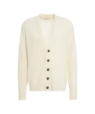 Atomo Factory White Virgin Wool Cardigan With Classic V-neck And Button Closure In Neutral