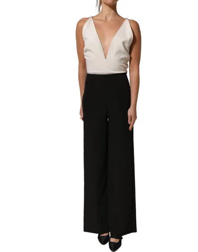 Pre-owned Atos Lombardini White Black Plunging Neck Sleeveless Bodysuit Women's Dress ()