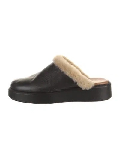 Pre-owned Atp Atelier Leather Faux Fur Trim Mules In Black