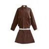 Ats The Label Remi Dark Brown Suede Jacket And Skort Set