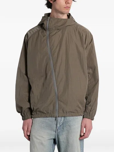 Attachment Asymmetric-zip Hooded Jacket In Brown