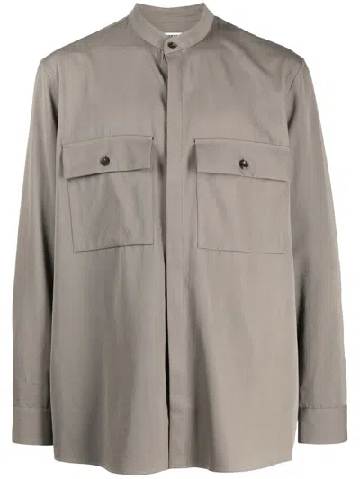 Attachment Collarless Woollen Shirt In Gray