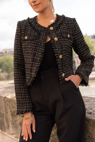 Attentif Cropped Fitted Tweed Blazer In Black