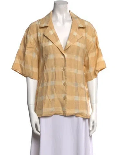 Pre-owned Attersee Linen Plaid Print Button-up Top In Neutral