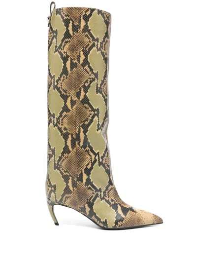 Attico 65mm Lea Snake Print Leather Boots In Green
