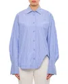 Attico All-over Logo Print Asymmetric Shirt In Blue Navy Sky