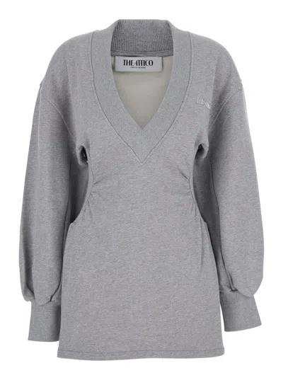 ATTICO GREY MINI DRESS WITH V NECK AND LOGO LETTERING ON THE FRONT IN COTTON WOMAN