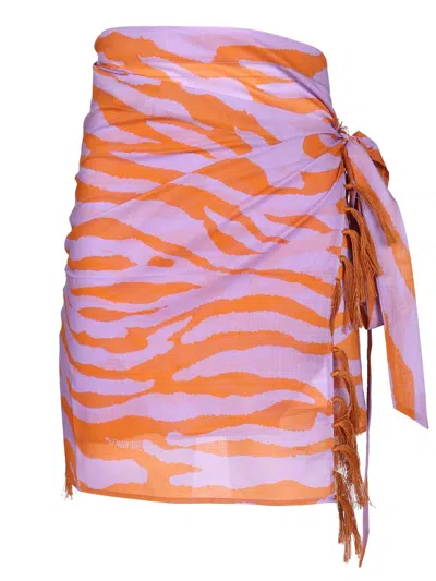 Attico Animal Print Fringe Wrap Midi Skirt In Purple
