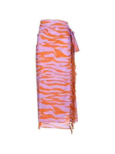 Attico Animal Print Fringe Wrap Midi Skirt In Purple