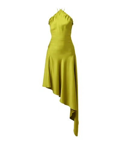 Attico Asymmetric Feather-trimmed Satin Halterneck Midi Dress In Green