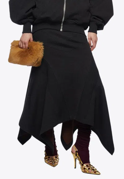 Attico Grey Midi Skirt With Logo Lettering And Handkerchief Hem In Cotton Woman In Black
