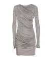 Attico Draped Satin Long Sleeved Mini Dress In Grey