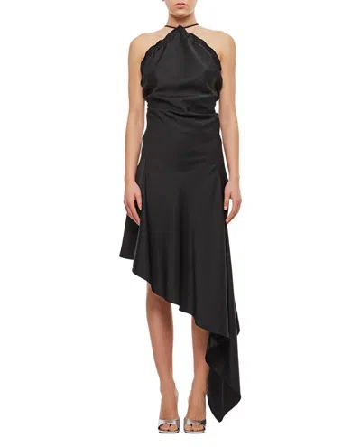 Attico Asymmetric Satin Midi Dress In Black