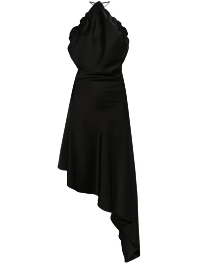 Attico Asymmetric Satin Midi Dress In Black