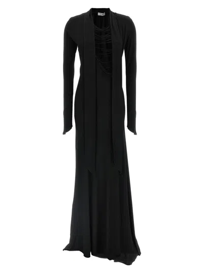 Attico Asymmetrical V-neck Dress With Flared Train In Black