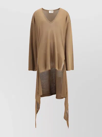 Attico Asymmetrical V-neckline Mini Dress With Perforated Pattern In Neutral