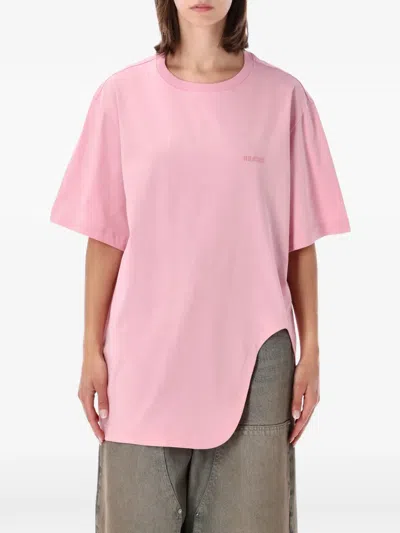 Attico Asymmetric-hem Logo-embroidered T-shirt In Pink