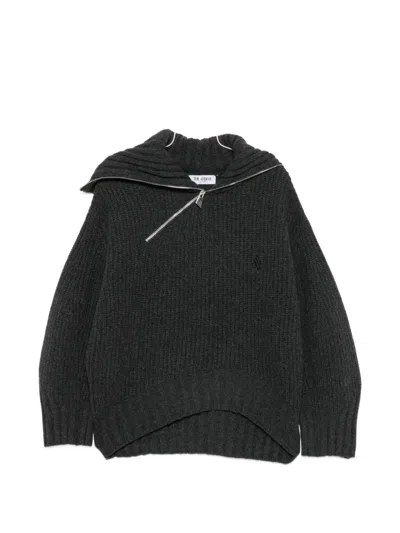 Attico Asymmetric-zip Ribbed-knit Sweater In Black